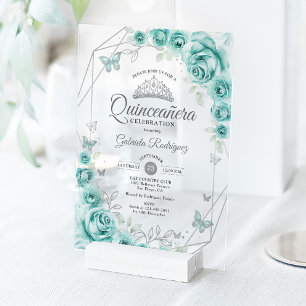 Invitations En Acrylique Fleurs de Quinceanera Turquoise Argent