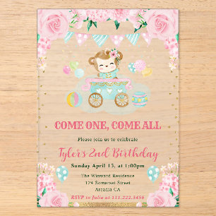 Invitations En Acrylique Fleurs de roseau aquarelle singe anniversaire enfa