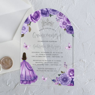 Invitations En Acrylique Fleurs de roses argentées violettes Quinceañera aq