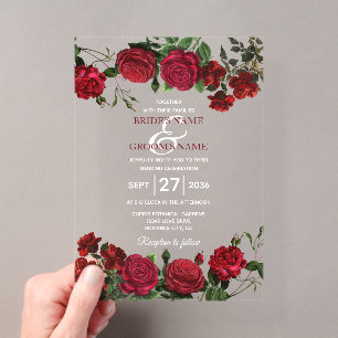 Invitations En Acrylique Fleurs de roses rouges aquarelle transparentes pou