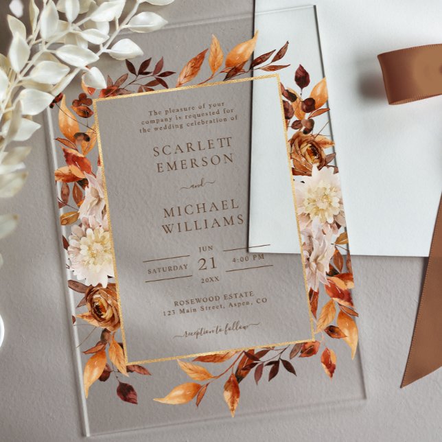 Invitations En Acrylique Fleurs de rouille en terre cuite Boho Mariage de f (Terracotta Rust Flowers Boho Fall Foliage Wedding Acrylic Invitations by Painted Paperie
)