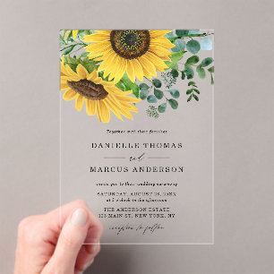 Invitations En Acrylique Fleurs de soleil d'aquarelle et Mariage d'eucalypt