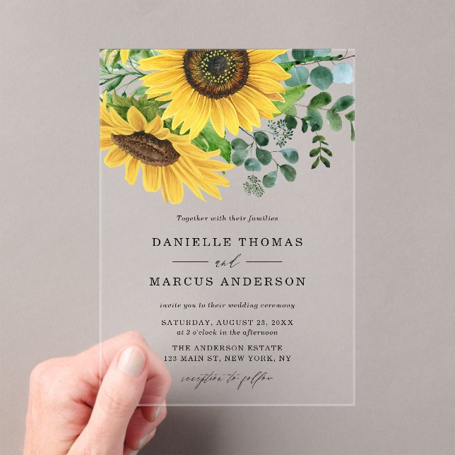 Invitations En Acrylique Fleurs de soleil d'aquarelle et Mariage d'eucalypt (In situ (ordinateur de poche))