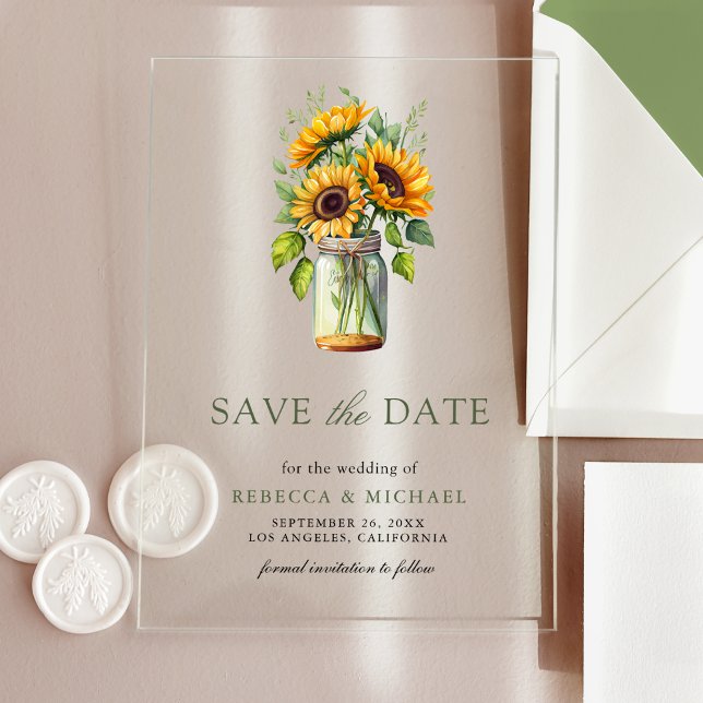 Invitations En Acrylique Fleurs de soleil rustiques Mason Jar Mariage Sauve (Créateur téléchargé)