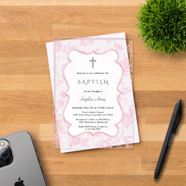 Invitations En Acrylique Fleurs de Toile rose vintage Fille Baptême (Insitu (Carte d'invitation))