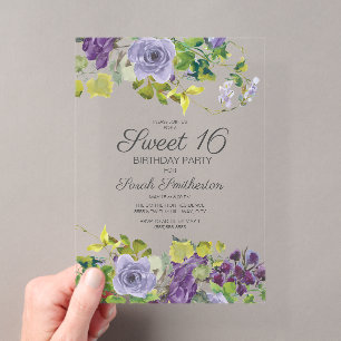 Invitations En Acrylique Fleurs de vignes aquarelles violettes Sweet 16