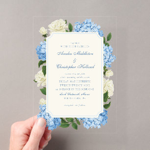 Invitations En Acrylique Fleurs d'hortensia bleues et roses blanches pour u