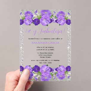 Invitations En Acrylique Fleurs & Diamants Féminin 40e Anniversaire Espagno