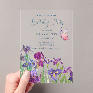 Invitations En Acrylique Fleurs d'Iris 16e fête d'anniversaire