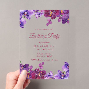 Invitations En Acrylique Fleurs d'orchidées Fête d'anniversaire