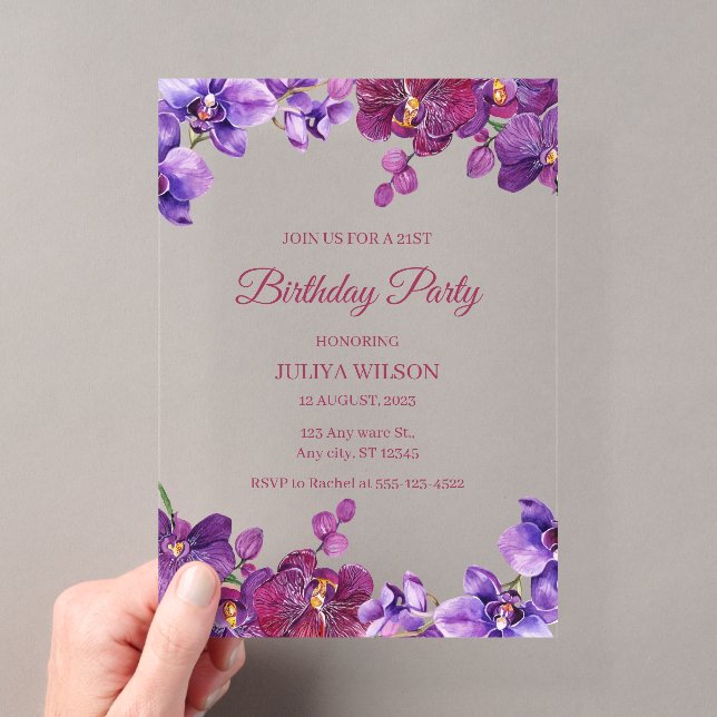 Invitations En Acrylique Fleurs d'orchidées Fête d'anniversaire (In situ (ordinateur de poche))