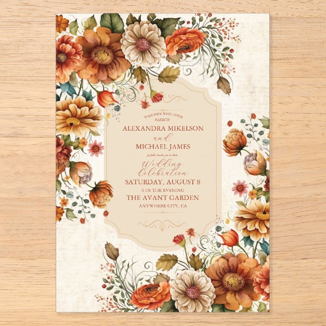 Invitations En Acrylique Fleurs en terre cuite rouille Mariage de automne o (Recto)