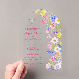 Invitations En Acrylique Fleurs fraîches de prairie Arche Mariage religieux
