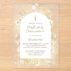 Invitations En Acrylique fleurs jaunes blanches aquarelle Première Communio