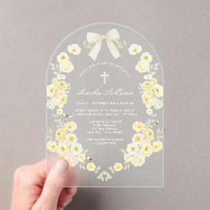 Invitations En Acrylique Fleurs Jaunes Cadre Arc Baptême