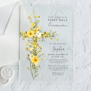 Invitations En Acrylique Fleurs jaunes sauvages Croix florale Première comm