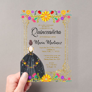 Invitations En Acrylique Fleurs mexicaines avec Quinceañera Noir Or