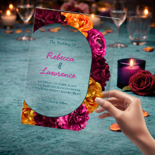 Invitations En Acrylique Fleurs modernes rose vert jaune
