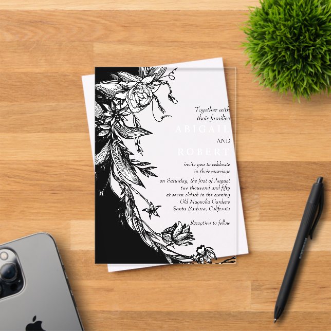 Invitations En Acrylique Fleurs noires et typographie mariage floral (Insitu (Carte d'invitation))