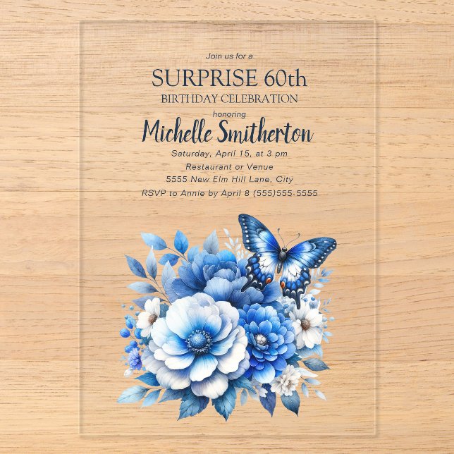 Invitations En Acrylique Fleurs papillons bleues Surprise 60e anniversaire (Recto)