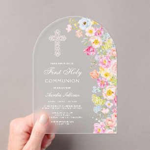 Invitations En Acrylique Fleurs pastel vives Arche Première Communion