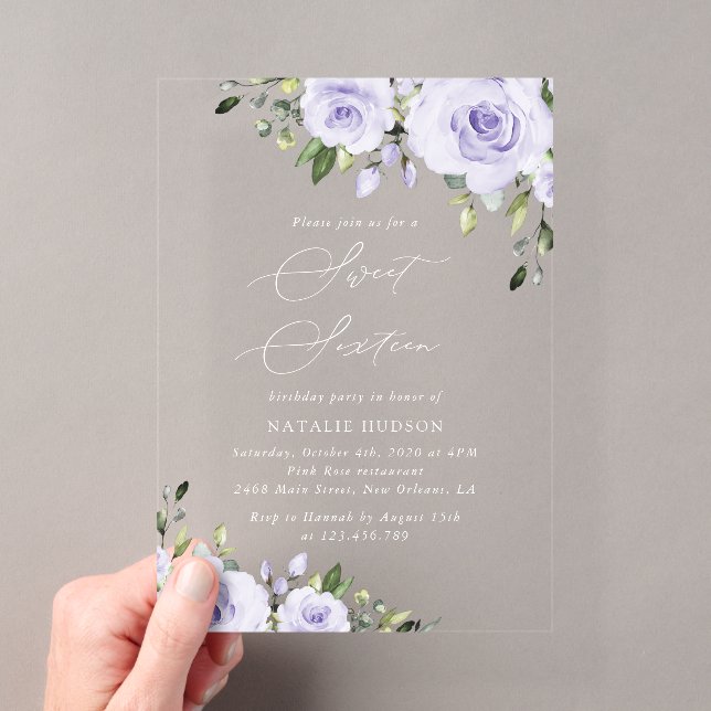 Invitations En Acrylique Fleurs pourpres, Fleurs Lilac, Boho, Sweet 16 (In situ (ordinateur de poche))