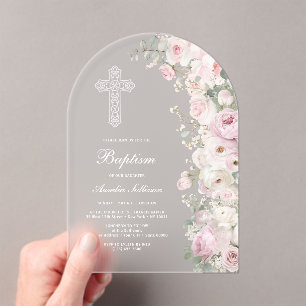 Invitations En Acrylique Fleurs Rose Pâle Arc Baptême givré