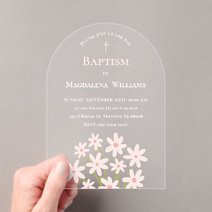 Invitations En Acrylique fleurs rose pâle Baptême