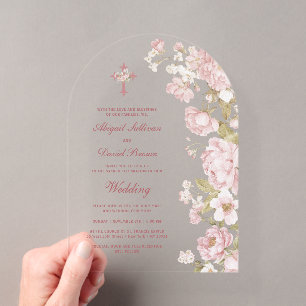Invitations En Acrylique Fleurs Roses Arche Mariage Religieux