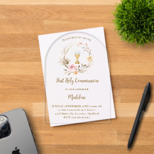Invitations En Acrylique fleurs roses beige Première communion