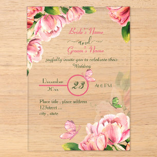 Invitations En Acrylique fleurs roses chaudes vert feuille papillons mariag