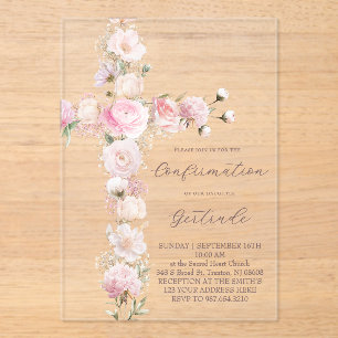 Invitations En Acrylique fleurs roses croix Confirmation
