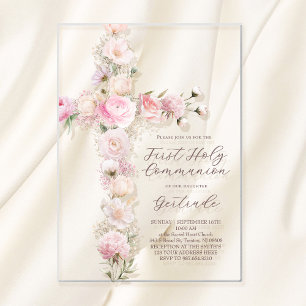 Invitations En Acrylique fleurs roses croix Première Sainte Communion