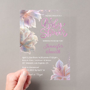 Invitations En Acrylique fleurs roses élégantes scintillent fille baby show