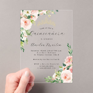 Invitations En Acrylique Fleurs roses en acrylique clair pour Quinceanera