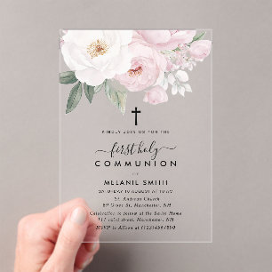 Invitations En Acrylique Fleurs roses et blanches première communion
