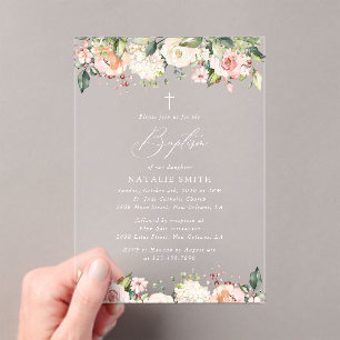 Invitations En Acrylique Fleurs roses, Fleurs blanches, Bohème, Baptême flo