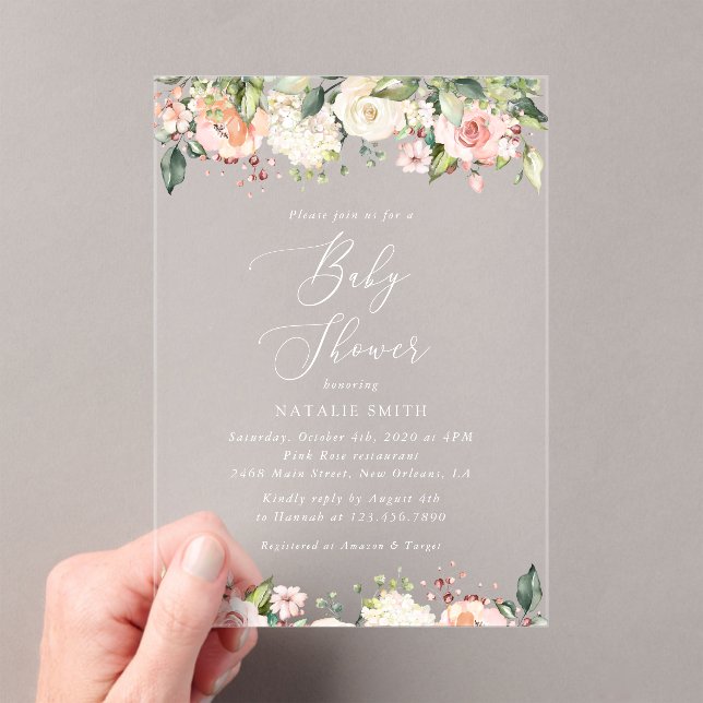 Invitations En Acrylique Fleurs roses, Fleurs blanches, Boho, Baby shower (In situ (ordinateur de poche))
