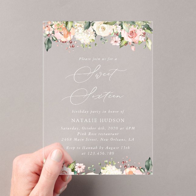 Invitations En Acrylique Fleurs roses, Fleurs blanches, Boho, Sweet 16 (In situ (ordinateur de poche))