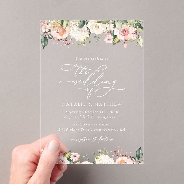 Invitations En Acrylique Fleurs roses, Fleurs blanches, Verdure, Mariage (In situ (ordinateur de poche))