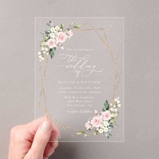 Invitations En Acrylique Fleurs roses, Fleurs blanches, Verdure, Mariage (In situ (ordinateur de poche))