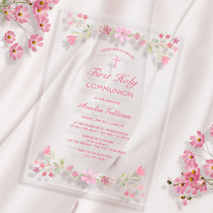 Invitations En Acrylique Fleurs roses Première Communion Clair