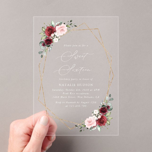 Invitations En Acrylique Fleurs Rouges Bourgogne, Fleurs Roses, Douces 16 (In situ (ordinateur de poche))
