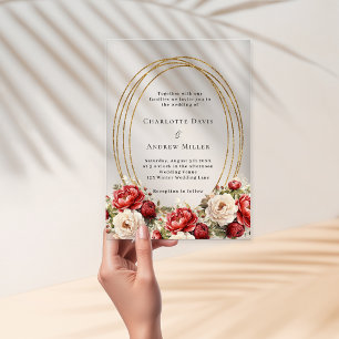 Invitations En Acrylique Fleurs rouges cadre doré clair mariage