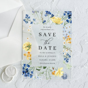 Invitations En Acrylique Fleurs sauvages bleues et jaunes Mariage Enregistr