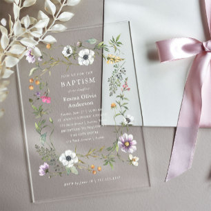 Invitations En Acrylique Fleurs sauvages botaniques Baptême élégant et jo