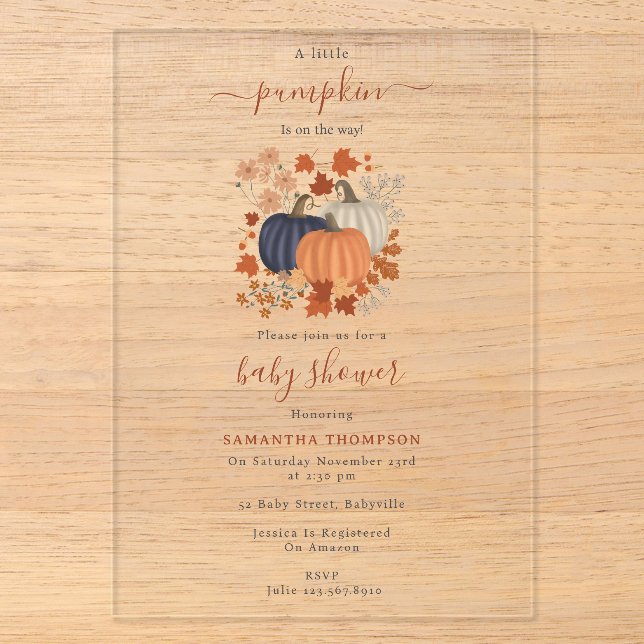 Invitations En Acrylique Fleurs sauvages Citrouille Russe Automne Baby show (Recto)