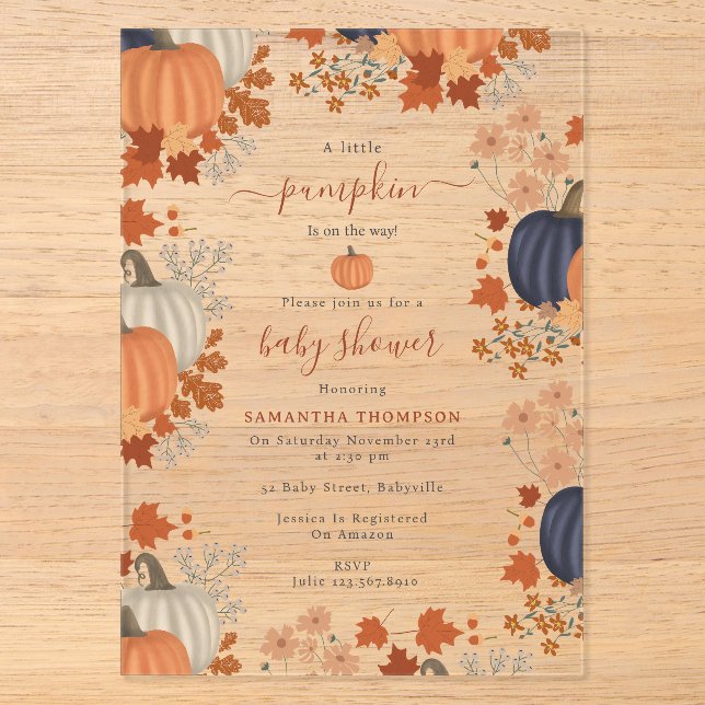 Invitations En Acrylique Fleurs sauvages Citrouille Russe Automne Baby show (Recto)