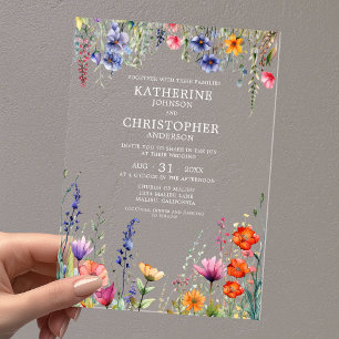 Invitations En Acrylique Fleurs sauvages colorées Élégant Mariage Clair