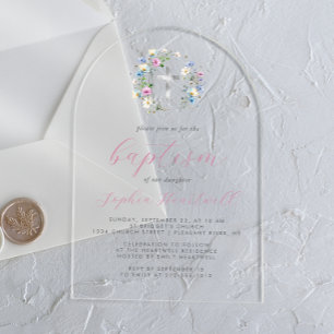 Invitations En Acrylique Fleurs sauvages Croix argentée Écriture rose Baptê